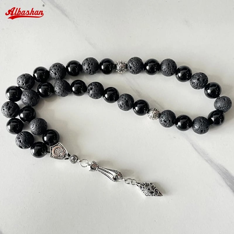 Tasbih الرجال الحمم الحجر مع العقيق الأسود التركية نمط مصلاة للمسلمين الخرز سوار رمضان عيد هدية الإسلامية misbaha الرجال مسبحة
