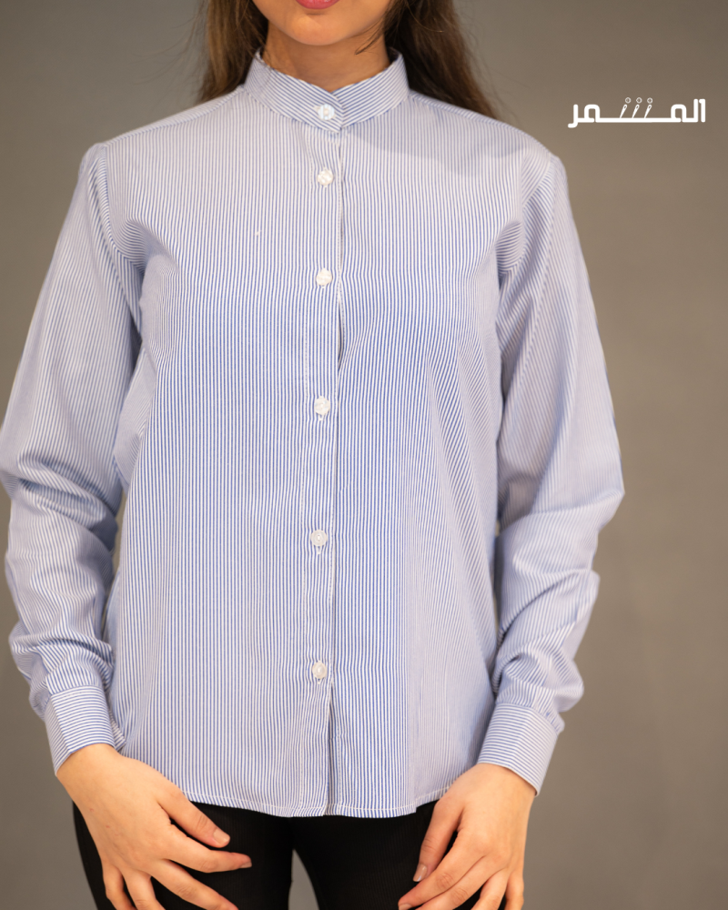 Striped navy shirt with Chinese collar