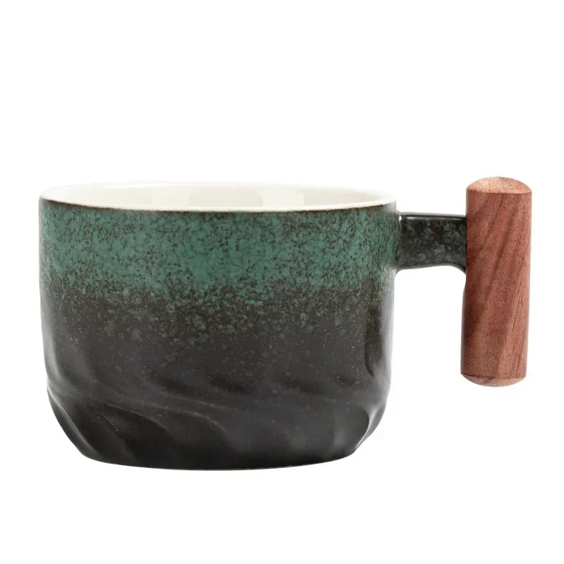 كوب سيراميك ياباني 130ML مع صحن ومقبض خشبي