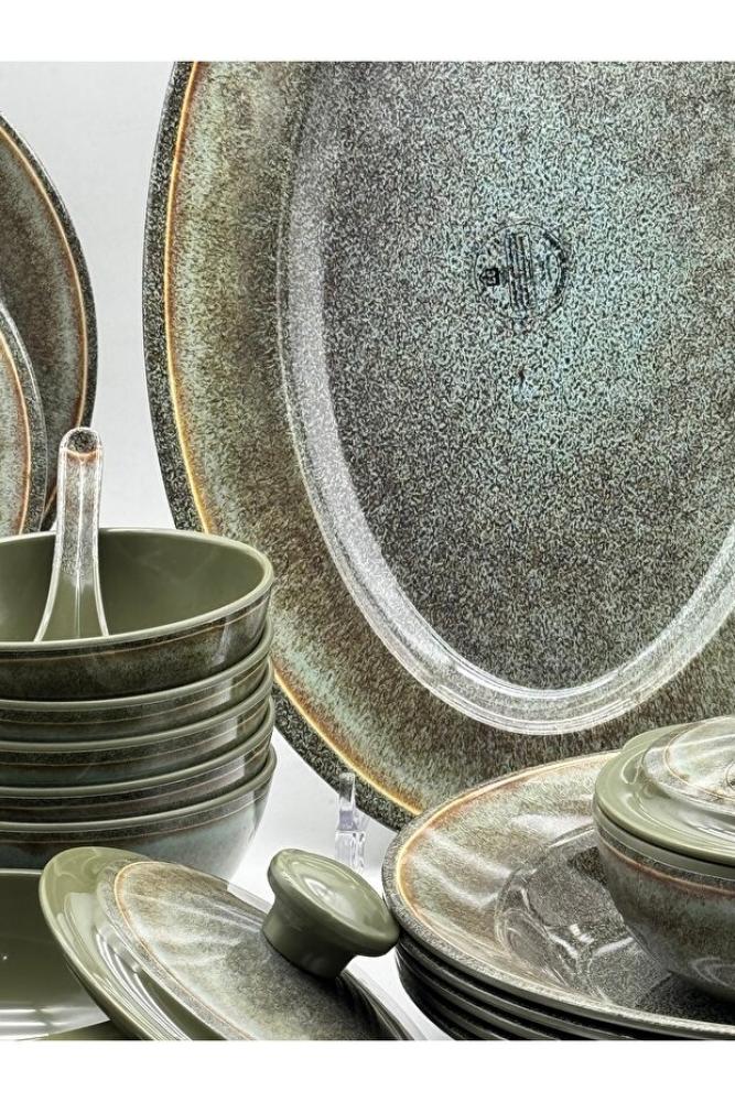 طقم عشاء ميلامين فاخر 57 قطعة لـ6 أشخاص، لون رخامي كاكي، آمن في غسالة الصحون، مقاوم للكسر، جودة عالية