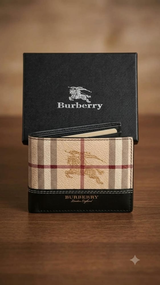محفظة رجالية بربري (Burberry) كلاسيكية بنقشة الكارو والشعار الذهبي.