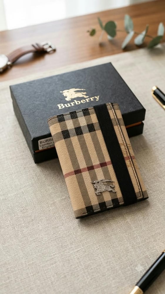 محفظة رجالية بربري (Burberry) كلاسيكية بنقشة الكارو والشعار الذهبي.