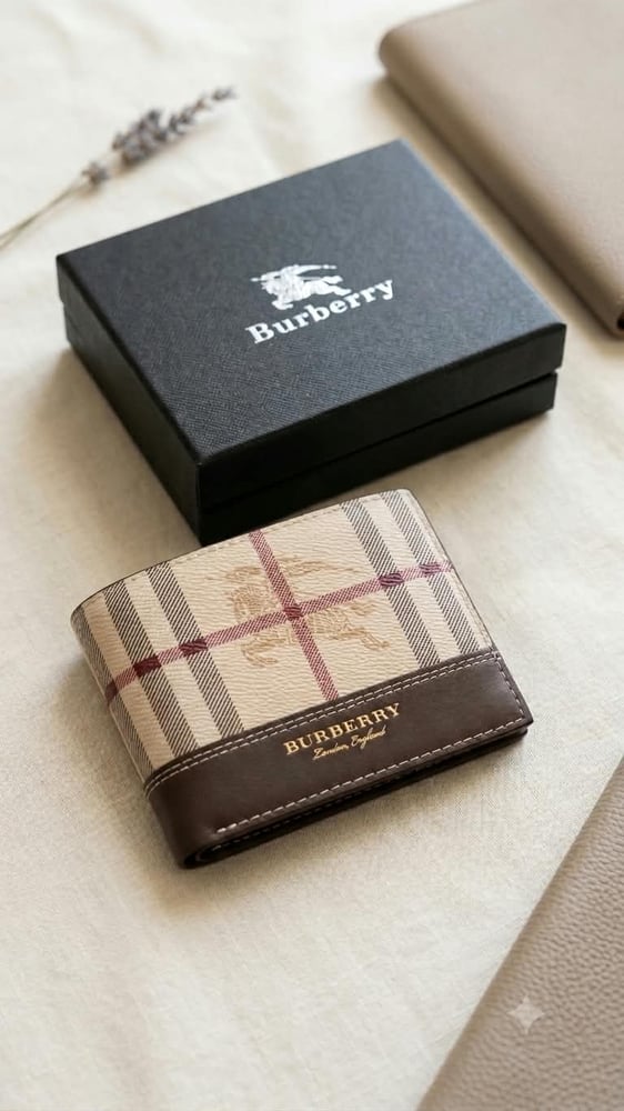 محفظة رجالية بربري (Burberry) كلاسيكية بنقشة الكارو والشعار الذهبي.