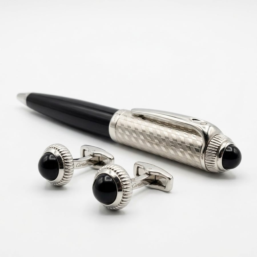((قلم وكبك كارتير باشا الفاخر (Cartier Pasha Pen & Cufflinks Set)))