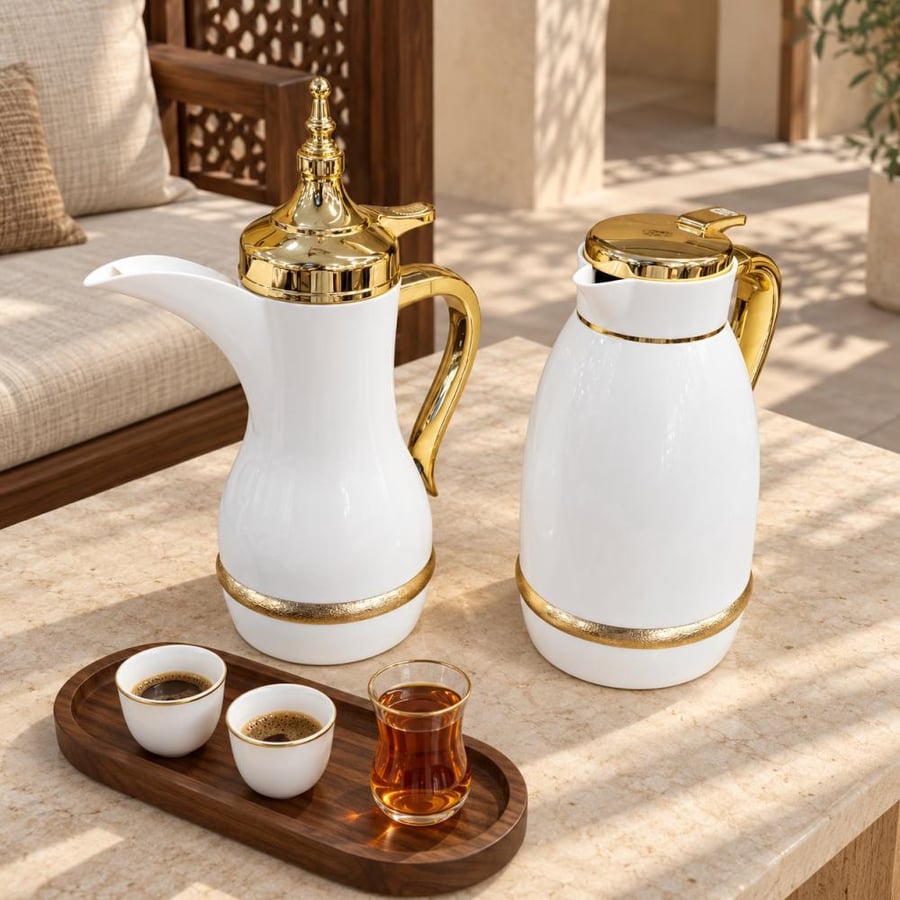 طقم ترامس ضيافة أبيض وذهبي ملكي