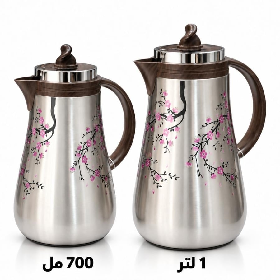 طقم ترامس ستانلس ستيل بنقوش أزهار الكرز ومقبض خشبي