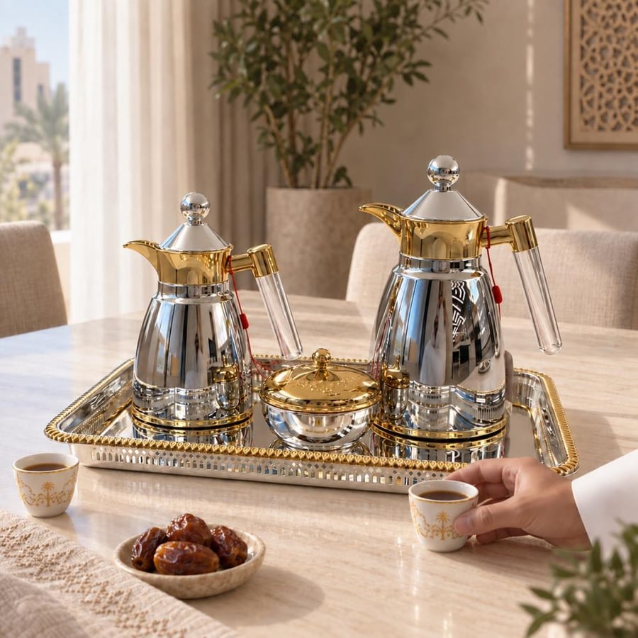 طقم ترامس ضيافة استيل فضي وذهبي مع سكرية و صينية