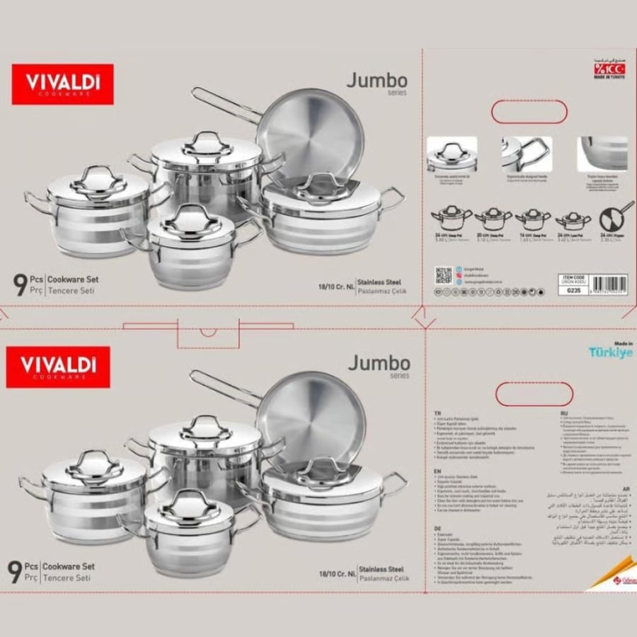 طقم قدور ستيل تركي فاخر 9 قطع بغطاء ستيل 18/10 – VIVALDI