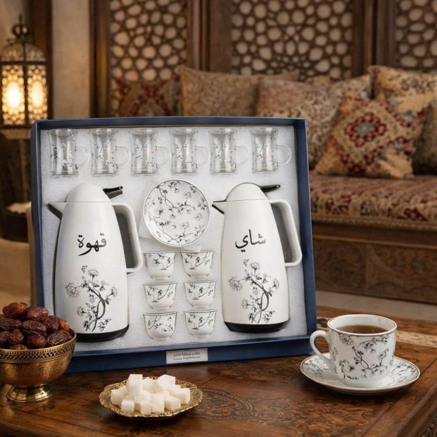 طقم ترامس شاي وقهوة + طقم بيالات وفناجيل – أبيض
