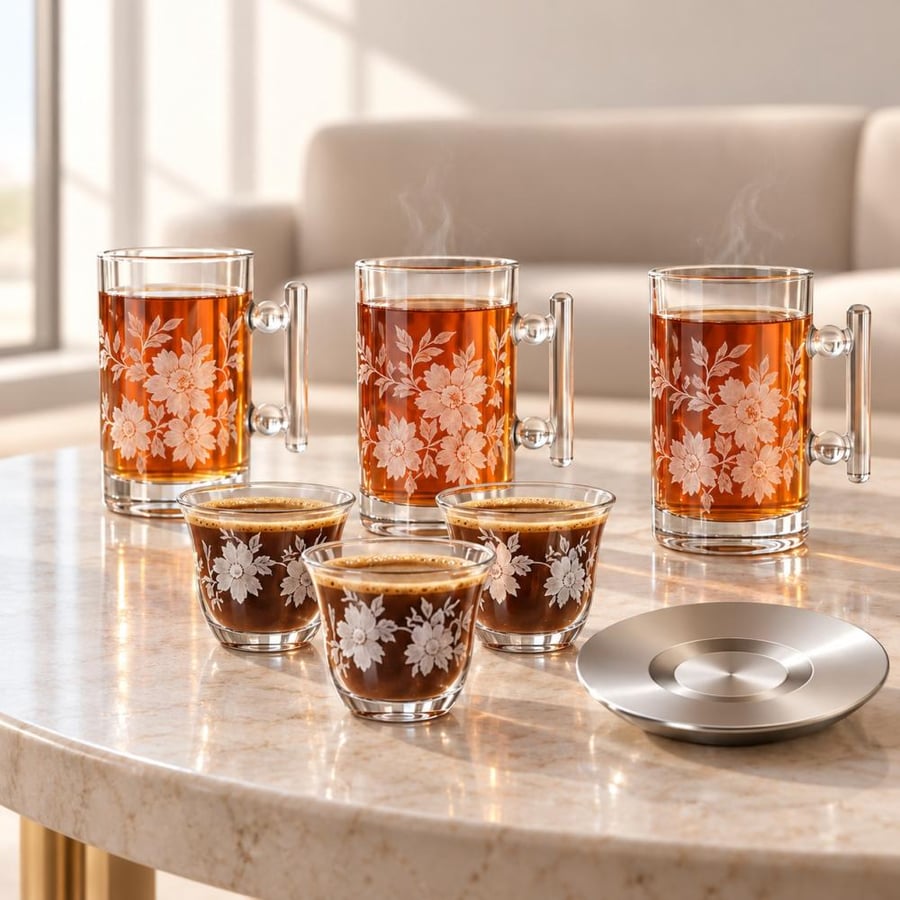 طقم ضيافة زجاج بنقشة الزهور مع أطباق فضية – 18 قطعة بتصميم عصري