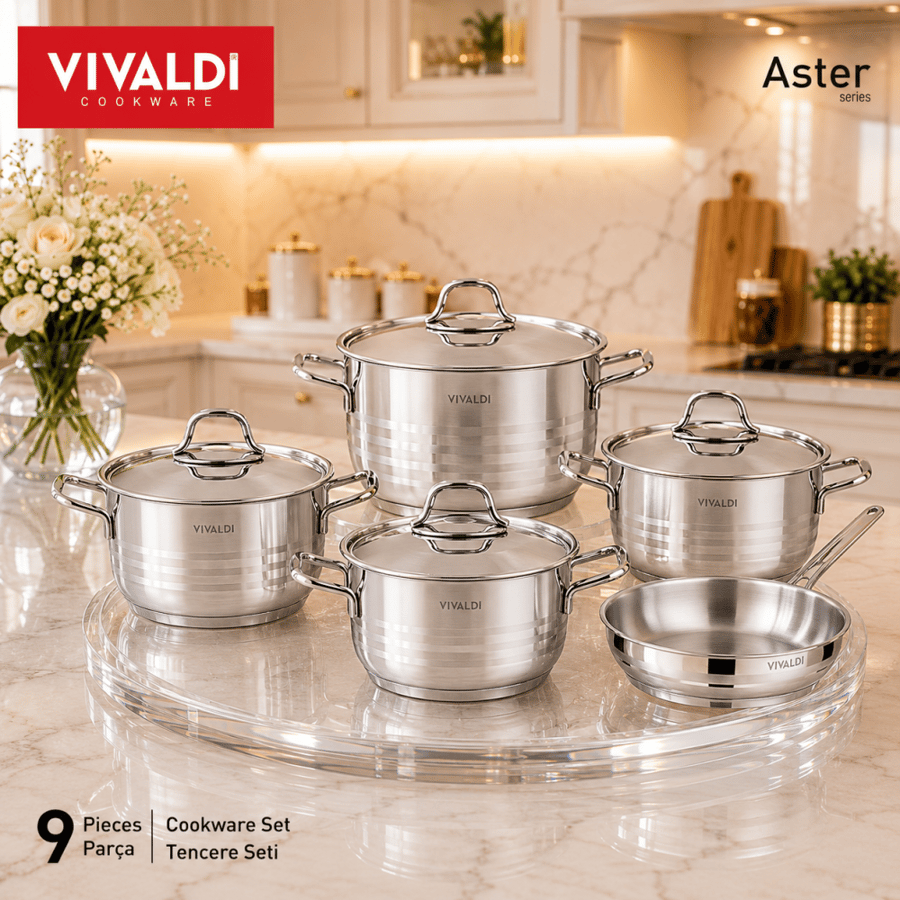 طقم قدور ستيل تركي فاخر 9 قطع بغطاء زجاج 18/10 – VIVALDI