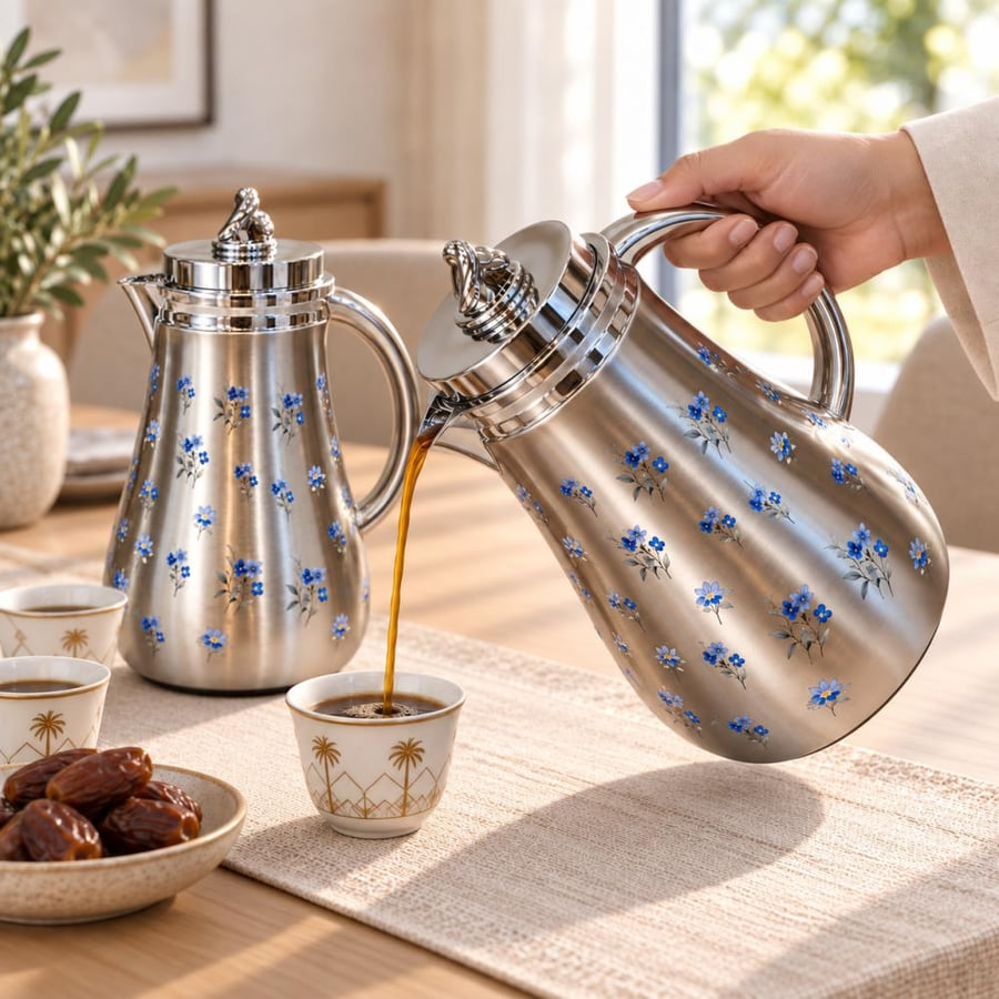 طقم أباريق ضيافة ستانلس مزخرفة بالزهور