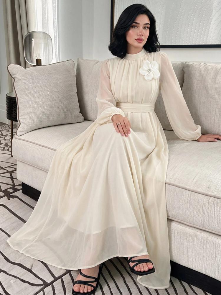 Modelyn فستان أنيق بأكمام طويلة بقصة فضفاضة رومانسية للنساء لحفلات الزفاف والتعميد والضيوف باللون الأبيض العاجي للخريف