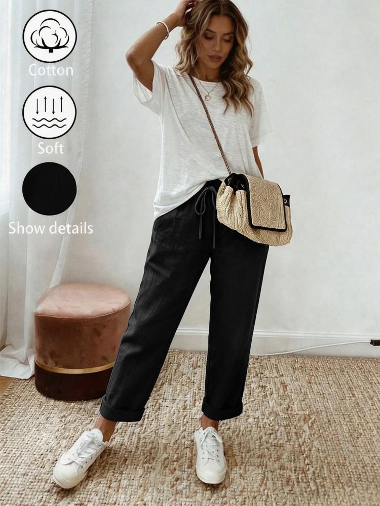 SHEIN Holidaya بنطلون كاجوال نسائي صيفي جديد بقصة مستقيمة وخصر مطاطي برباط، من القطن والكتان المنسوج، بلون كاكي، بطول قصير وحافة مطوية، بأسلوب إجازة مريح