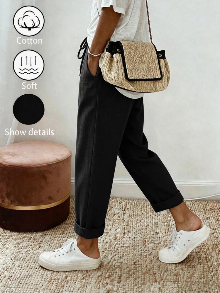 SHEIN Holidaya بنطلون كاجوال نسائي صيفي جديد بقصة مستقيمة وخصر مطاطي برباط، من القطن والكتان المنسوج، بلون كاكي، بطول قصير وحافة مطوية، بأسلوب إجازة مريح