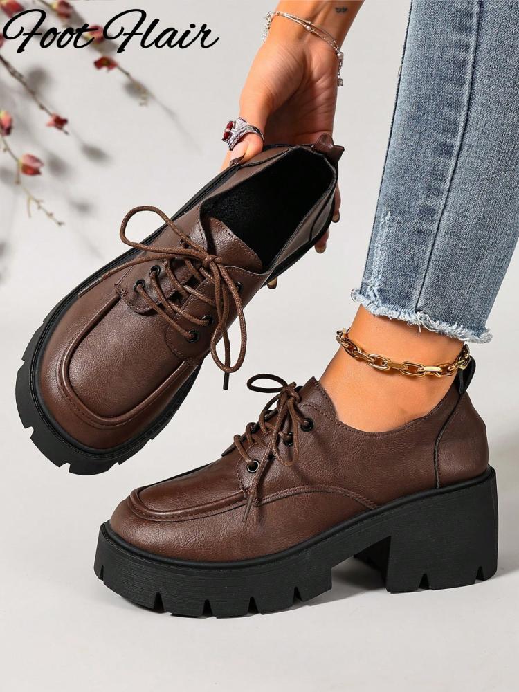 أحذية Foot Flair للنساء باللون البني برباط وأصبع قدم مستدير كلاسيكية متعددة الاستخدامات، متوفرة بمقاسات 35-43
