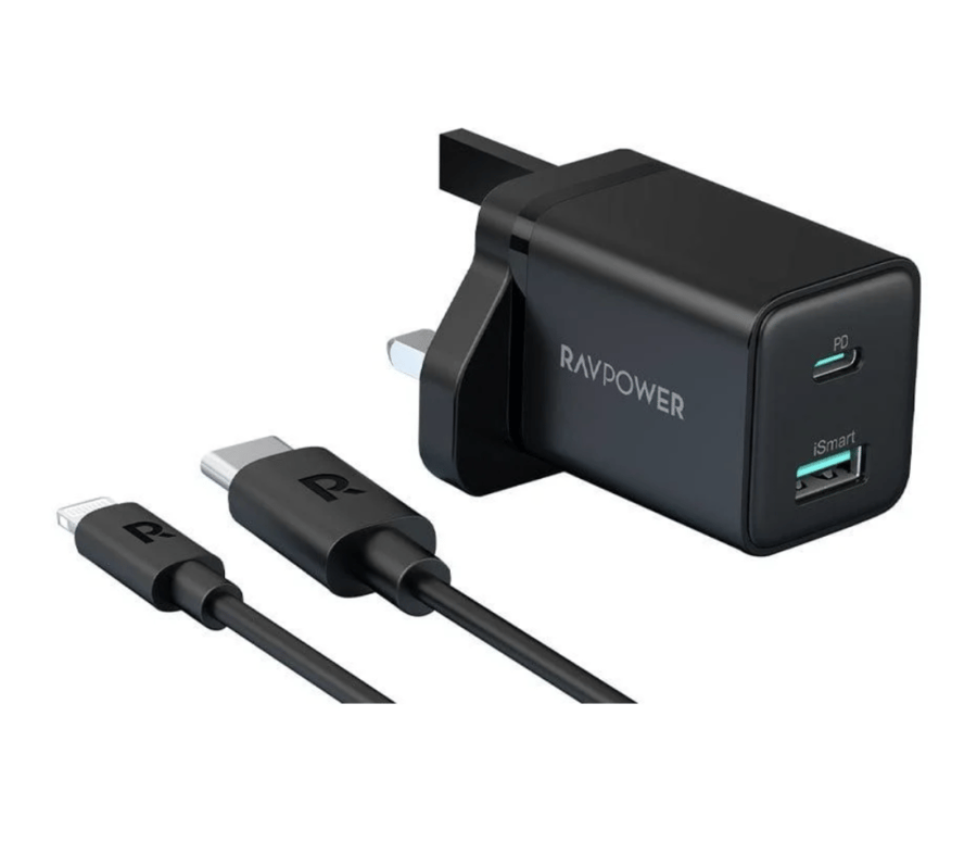 RAVPower شاحن جداري 20 و ط – USB‑C + USB‑A + كيبل USB‑C إلى Lightning