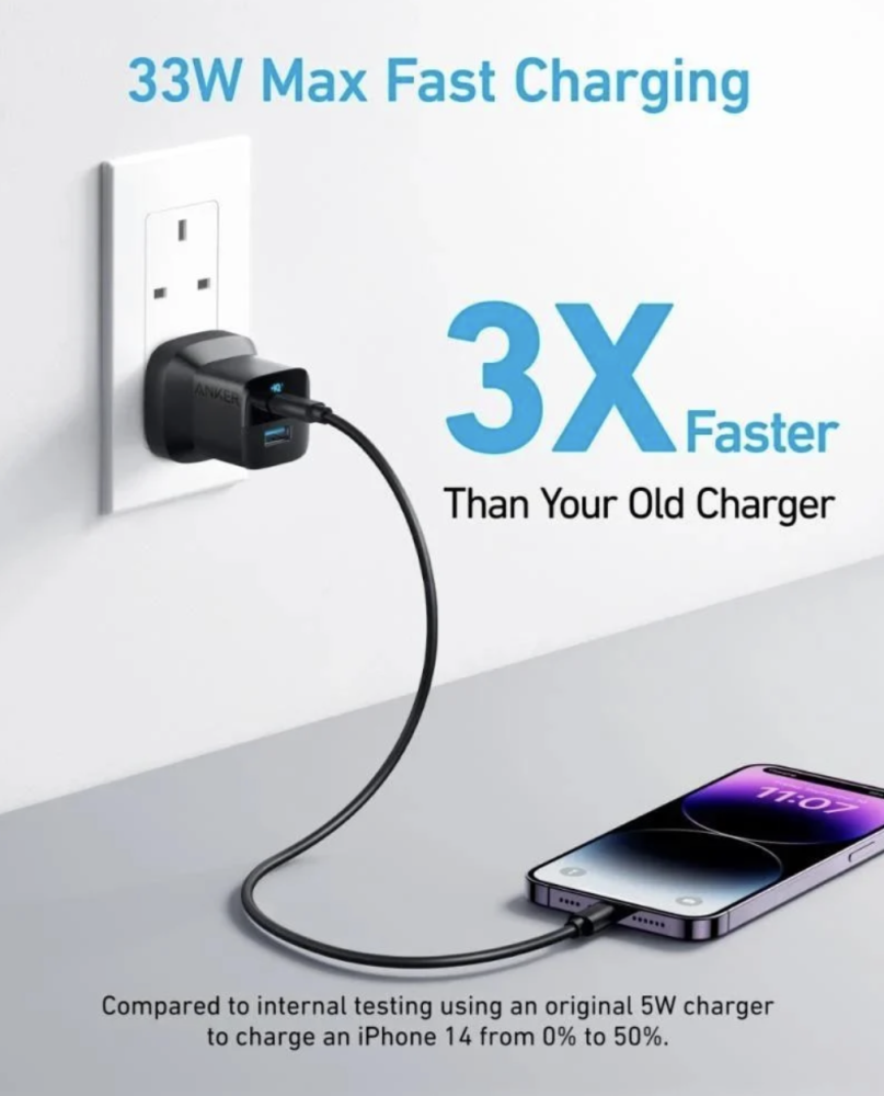 Anker شاحن جداري 33 و ط – USB‑C + USB‑A مع كيبل USB‑C إلى USB‑C