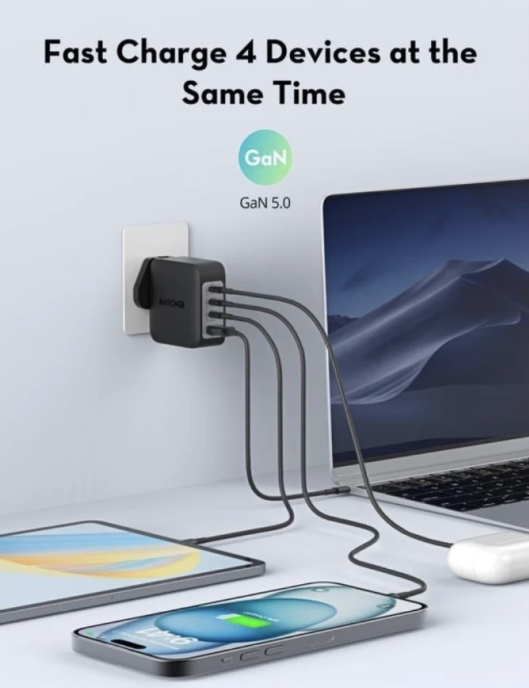 RAVPower شاحن جداري متعدد المنافذ 140 واط – 3× USB‑C + USB‑A