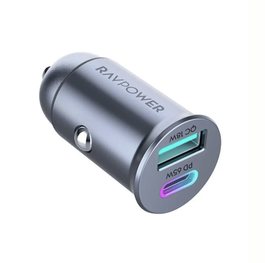 RAVPower شاحن سيارة ميني بقوة 65 واط – USB‑C + USB‑A