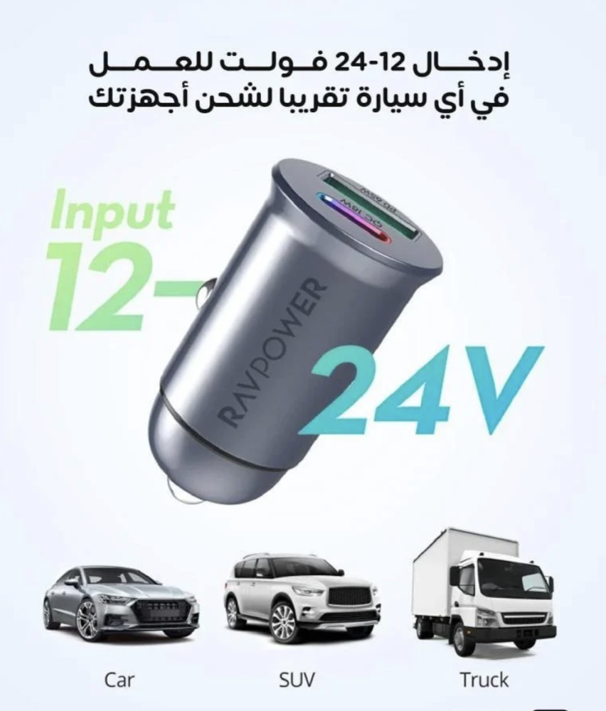 RAVPower شاحن سيارة ميني بقوة 65 واط – USB‑C + USB‑A