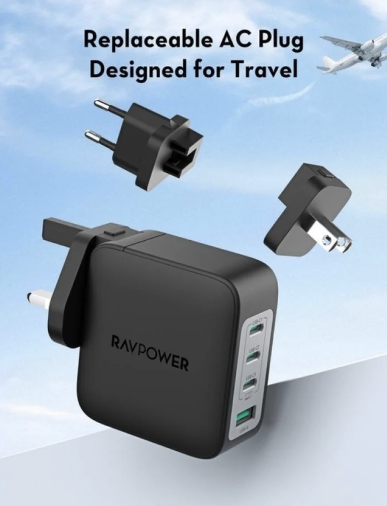 RAVPower شاحن جداري متعدد المنافذ 140 واط – 3× USB‑C + USB‑A