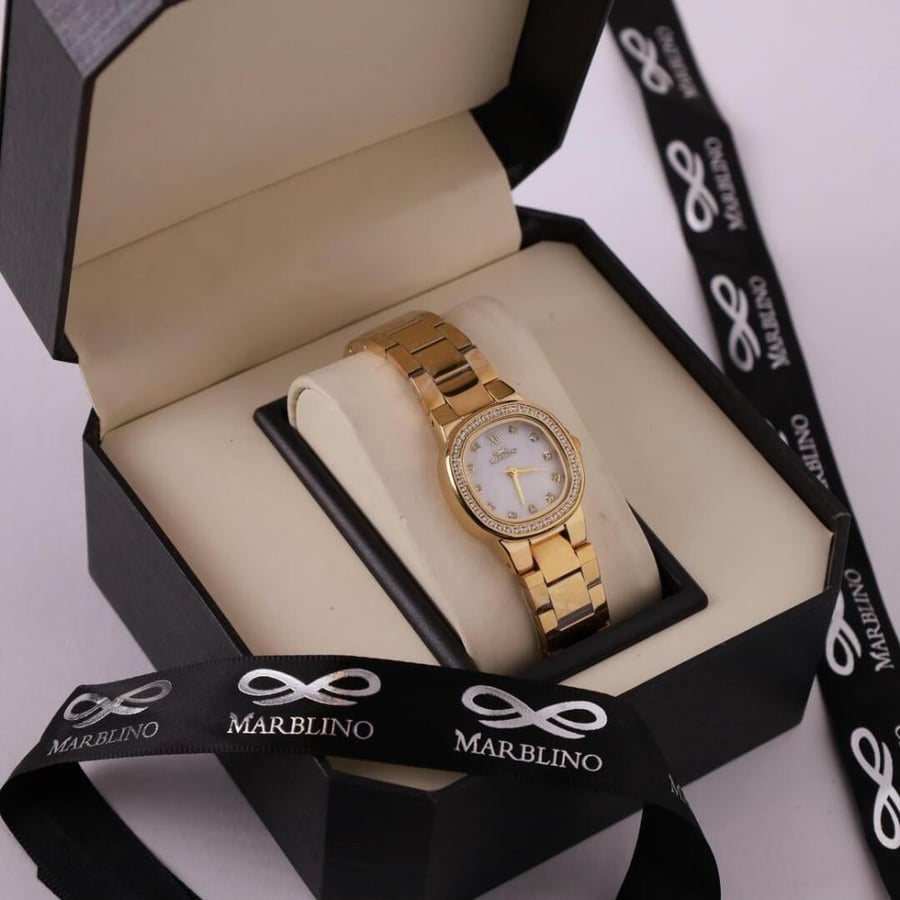 ماربلينو أوريلا ساعة نسائية ذهبية ستانلس بمينا أبيض مرصع بالزركون