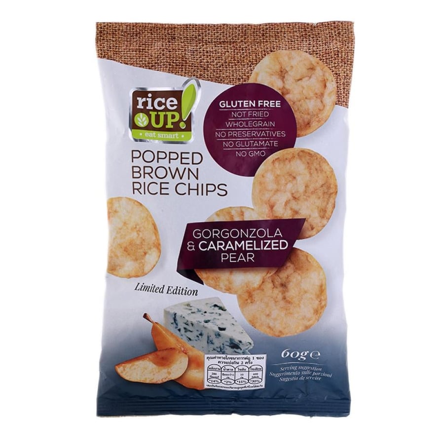 رقائق أرز بني بنكهة جبنة الجورجونزولا و الكمثرى المكرملة 60 جرام rice up rice chips