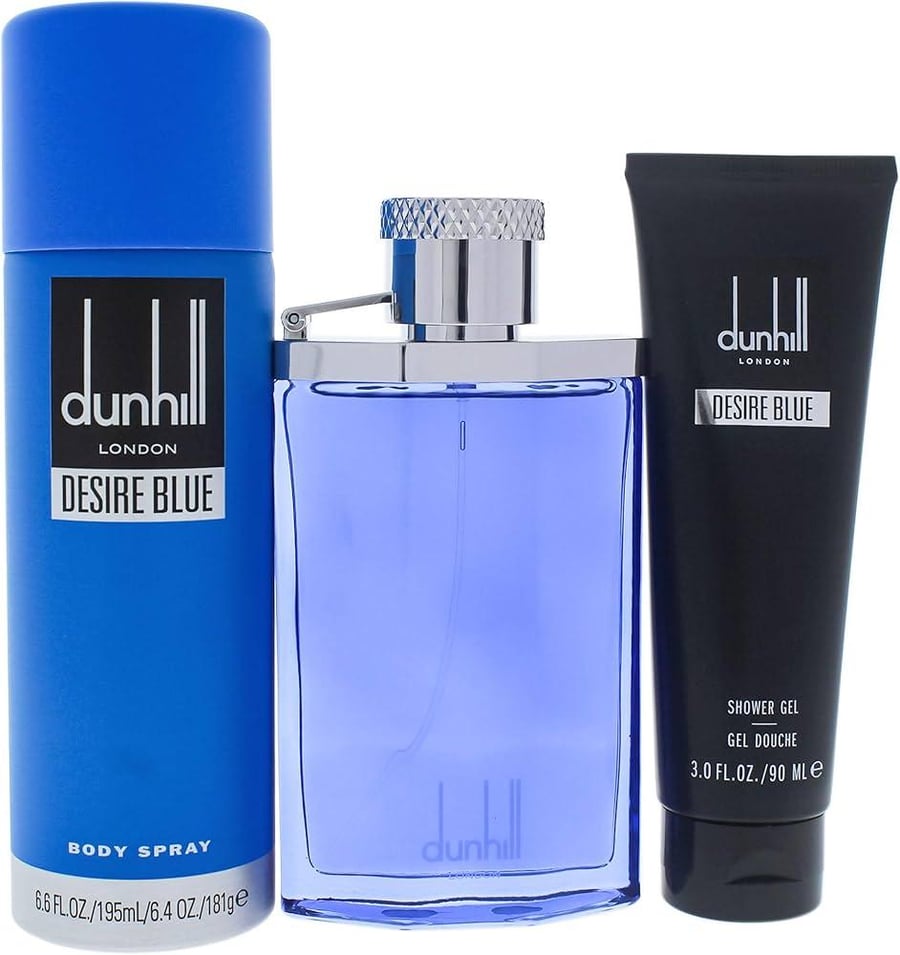 Dunhill Desire Blue Set of 3 Pcs Eau de Toilette 100ml + 90ml Shower Gel + 195ml Perfume Spray - طقم هدية ديزاير بلو 3 قطع او دو تواليت 100 مل + 90 مل جل استحمام + 195 مل بخاخ عطري