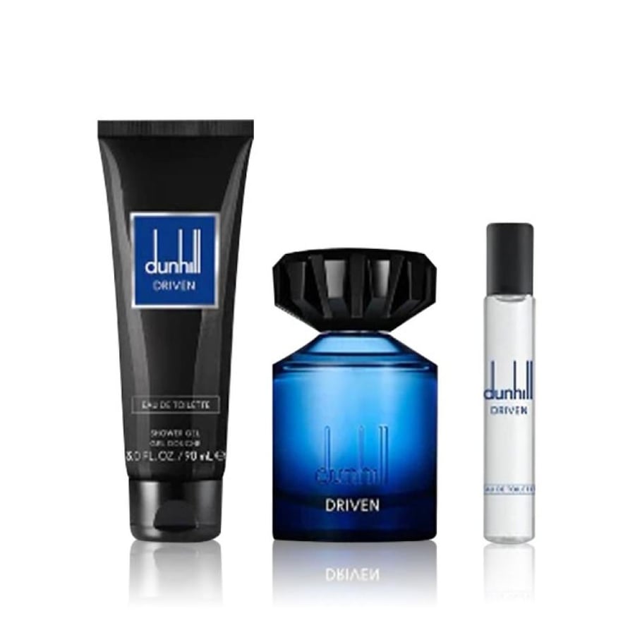 Dunhill Driven Blue Gift Set EDT 100ml + Travel Spray 15ml + Shower Gel 90ml - طقم هدية دانهل دريفن بلو او دو تواليت 100 مل + عطر سفر 15 مل + جل استحمام 90 مل