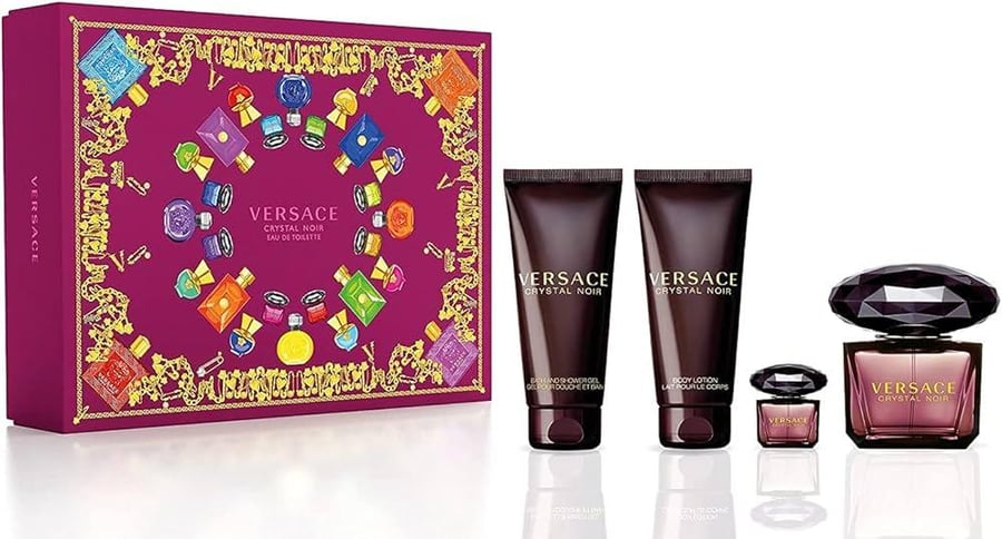 Versace Crystal Noir Gift Set 4Picse Edt 90ml & Mini Edt 5ml & B/Lotion 100ml & S/ Gel 100ml - طقم هدية 4 قطع مكون من فيرزاتشي كريستال نوار او دو تواليت 90 مل + عينة 5 مل + لوشن للجسم 100 مل + جل استحمام 100 مل