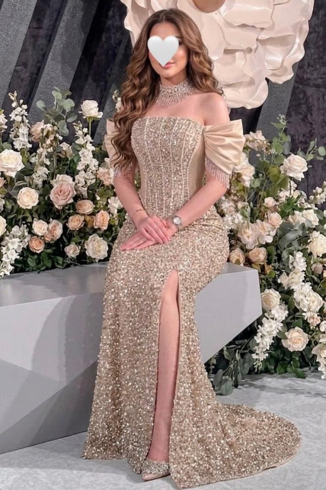 فستان سهرة شامبين اوف شولدر