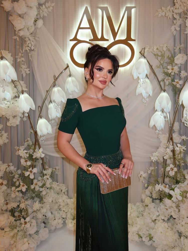 فستان سهرة زيتي هدب تطريز خرز
