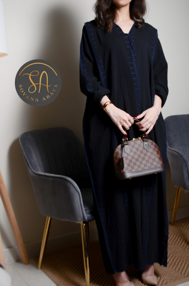 Abaya with a soft and eye-catching design, Bahraini linen fabric with navy embroidery