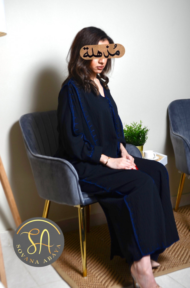 Abaya with a soft and eye-catching design, Bahraini linen fabric with navy embroidery