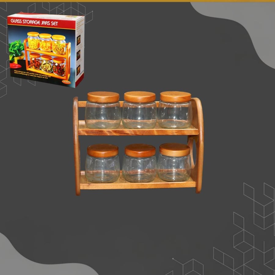 Spice jar set with glass jars on a wooden base (6 pieces)