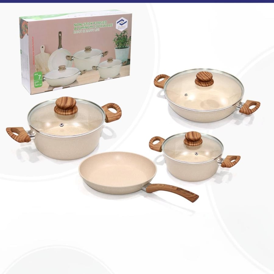 A set of granite pots with wooden handles (7 pieces)