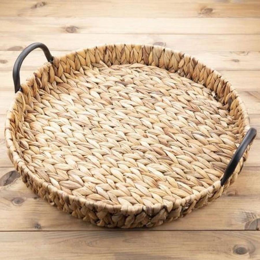 Round wicker tray set with iron handles, 3 pieces