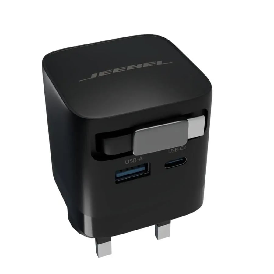 شاحن جداري GaN من JEEBEL – قدرة 65 واط بمنفذين USB-A وUSB-C | شحن سريع متعدد الاستخدامات مع محول مزدوج UK/US