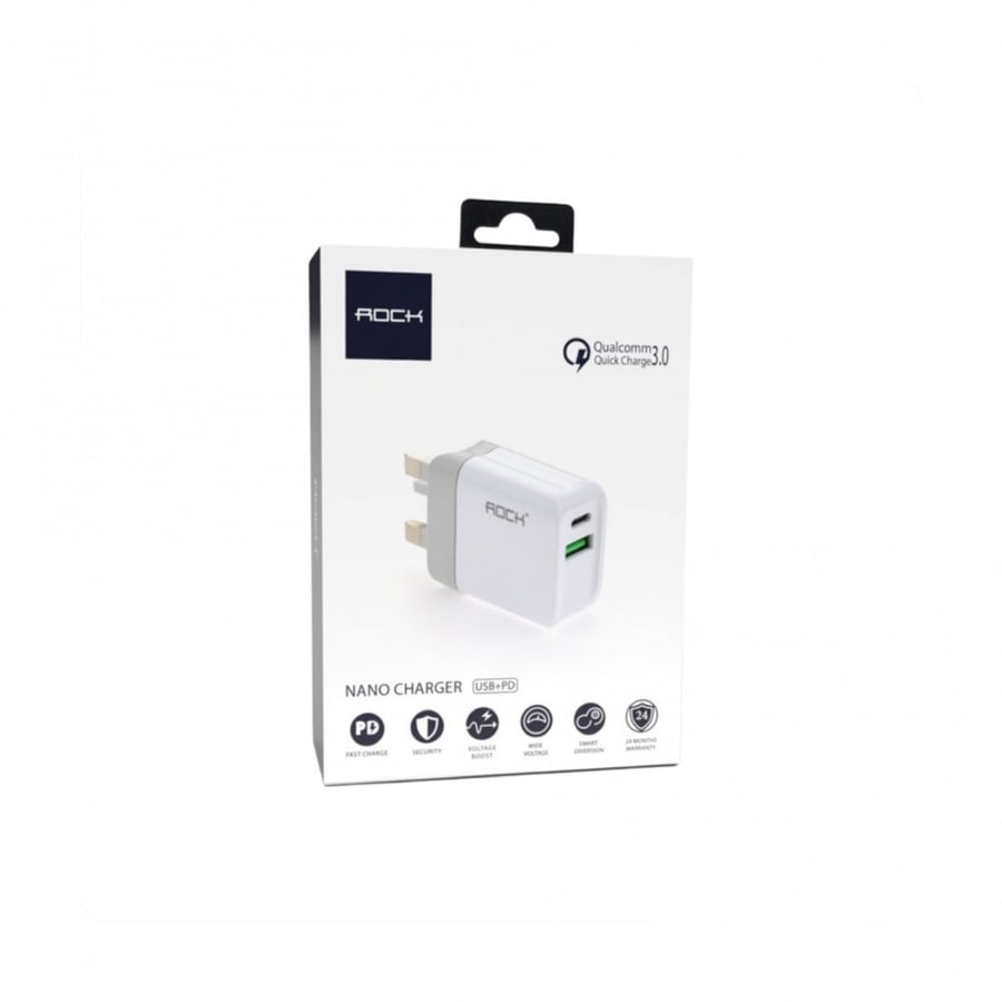 روك شاحن جداري سريع USB + PD بتقنية الكوالكم 3 - أبيض