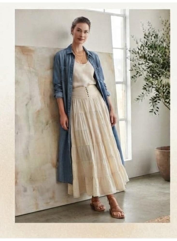 تنورة ماكسي طويلة طبقات بخصر عالي من O8 design كريمي - صورة 4