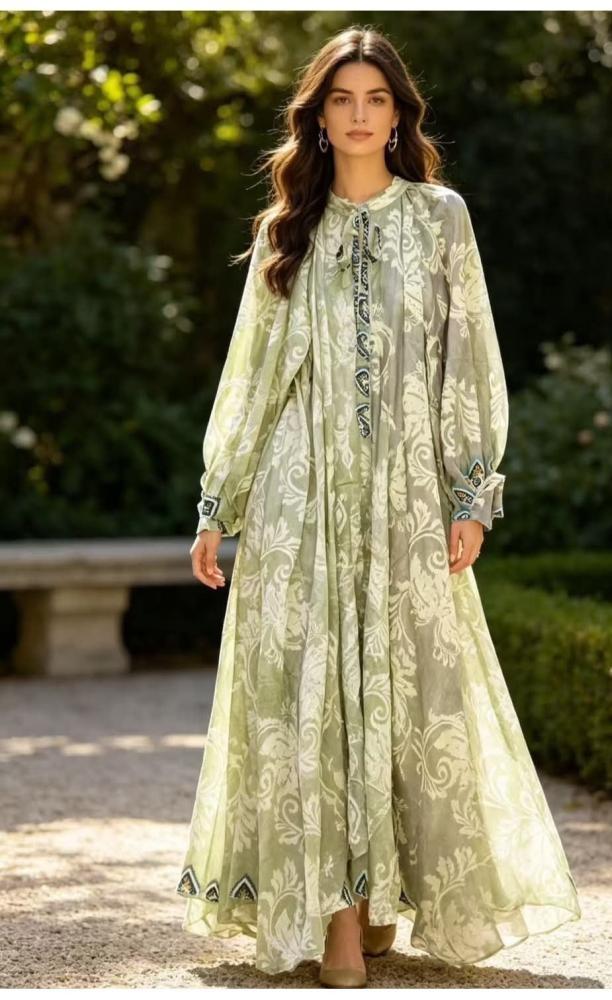 قفطان نسائي O8 design بنقشة دمشقية أخضر مريمي - صورة 2