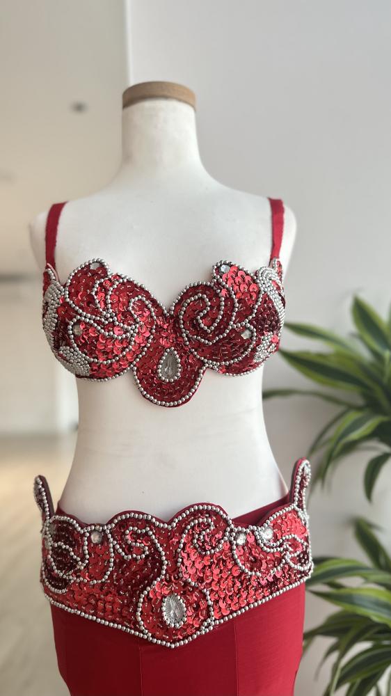 Eastern dance costume in red with silver beads