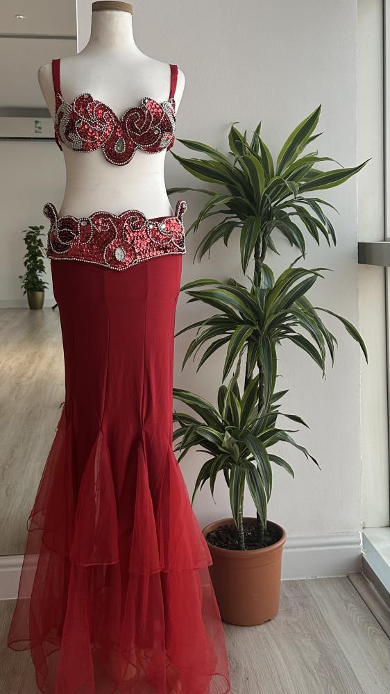 Eastern dance costume in red with silver beads