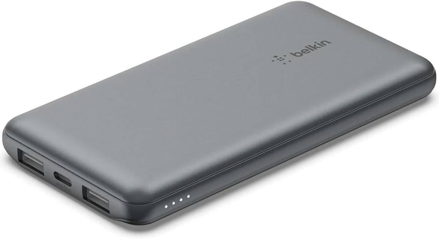 باور بانك محمول بقوة 10000 مللي أمبير في الساعة من Belkin، شاحن محمول 10K USB، C مع منفذ USB، C ومنفذين USB، A، حزمة بطارية لشحن يصل إلى 15 وات لأجهزة iPhone وSamsung Galaxy وAirPods وiPad، لون رمادي بلكن