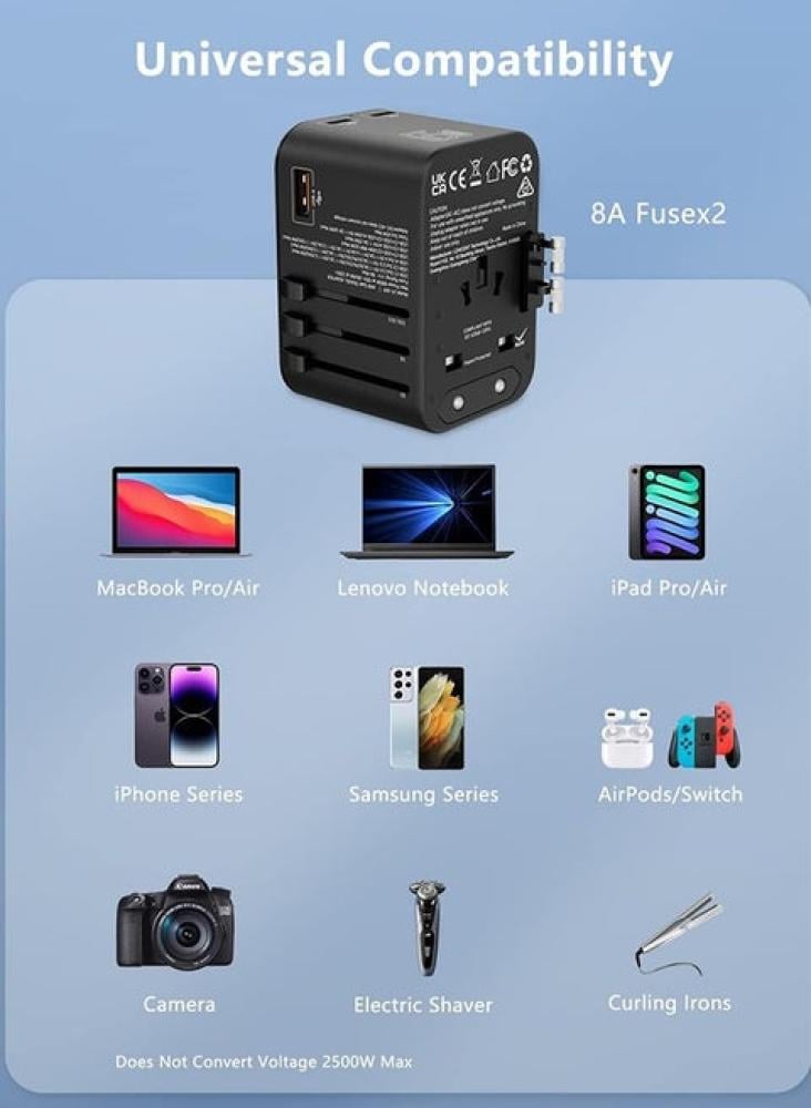 محول سفر عالمي متعدد القابس بقوة 70 وات مع منفذي USB A ومنفذ USB C U68 واحد من Piecell بايسل