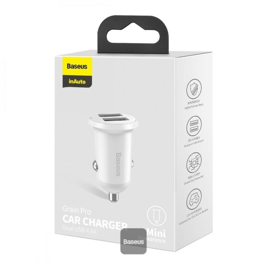 بيسوس شاحن سيارة Grain Pro (مزدوج USB 4.8A) أبيض