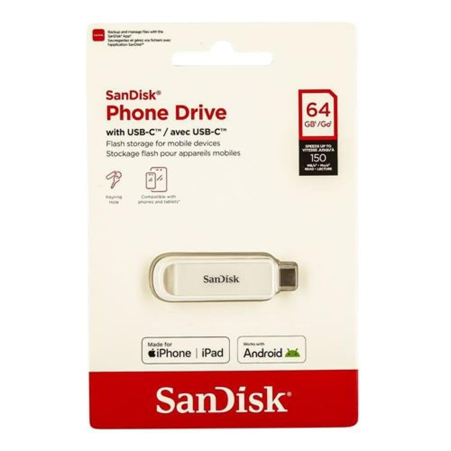 فلاش ميموري SanDisk للهواتف مزود بمنفذ USB-C™ - سعة 64 جيجابايت (أبيض)