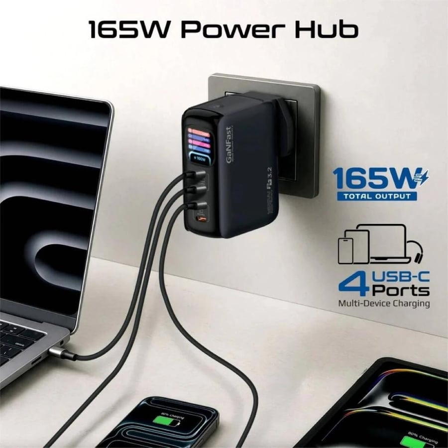 شاحن Promate Prime-165 بقدرة 165 واط بتقنية GaNFast مع 4 منافذ USB-C ومخرجين 140 واط PD 3.2 وشاشة TFT ذكية