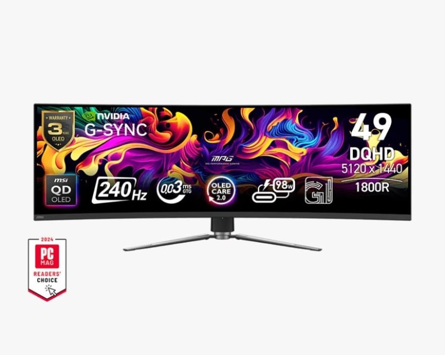 شاشة الألعاب المنحنية MSI MPG 491CQP، شاشة DQHD QD-OLED مقاس 49 بوصة، معدل تحديث 144 هرتز، وقت الاستجابة 0.03 مللي ثانية (GtG)، تقنية المزامنة التكيفية، ألوان العرض 1.07b، أسود | 491CQP-QD-OLED